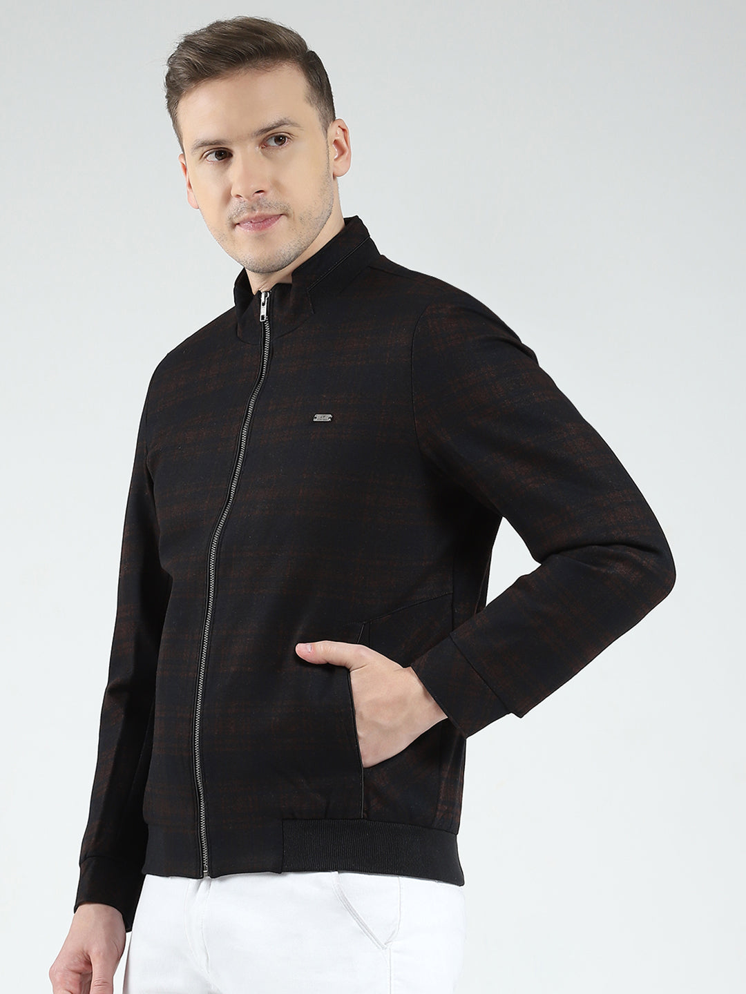 Men Navy Blue Check Mock Neck Full Sleeve Coat