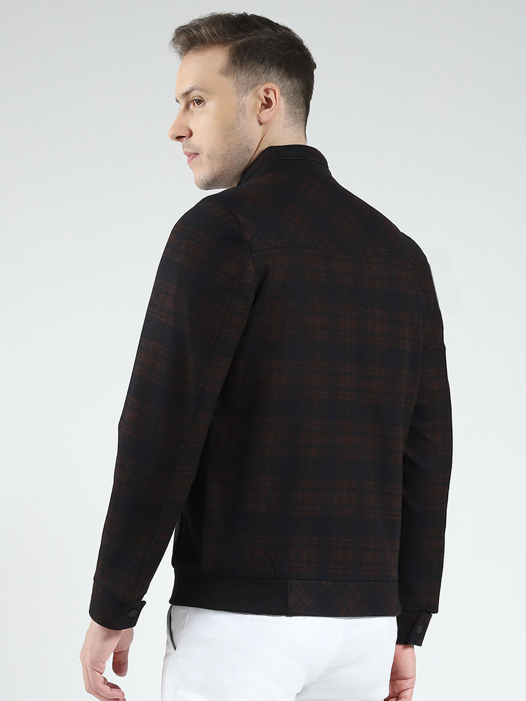 Men Navy Blue Check Mock Neck Full Sleeve Coat