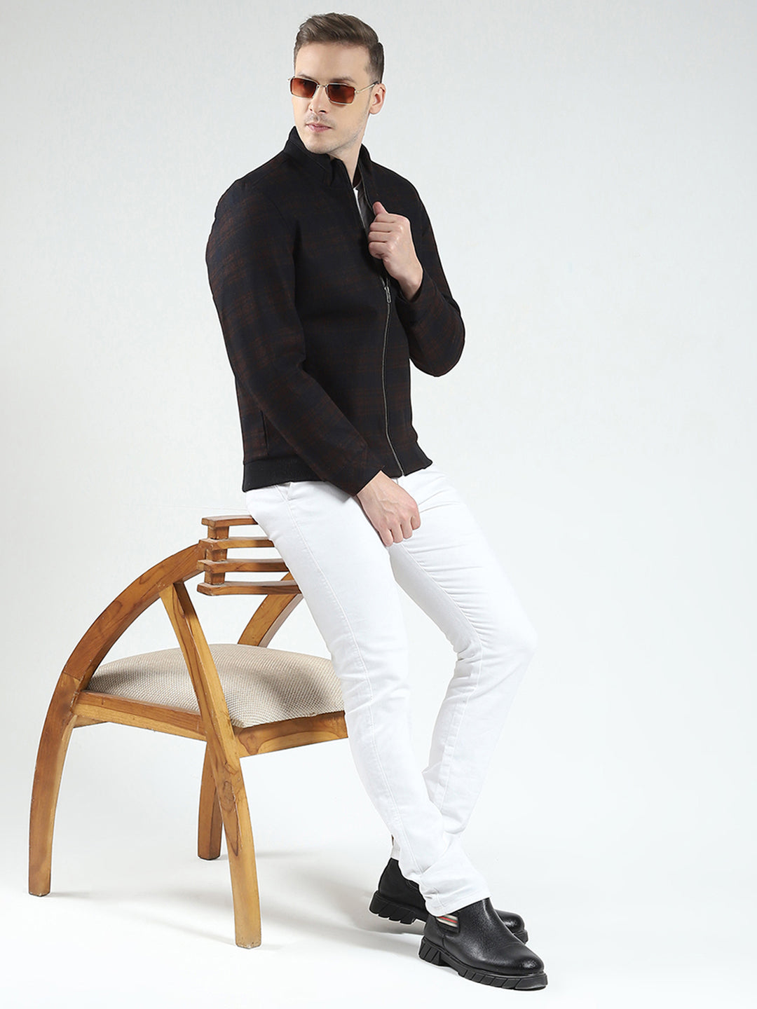 Men Navy Blue Check Mock Neck Full Sleeve Coat