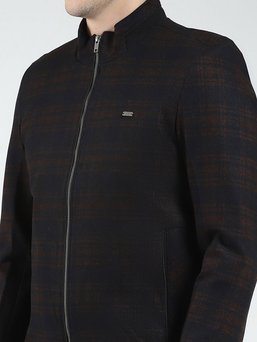 Men Navy Blue Check Mock Neck Full Sleeve Coat