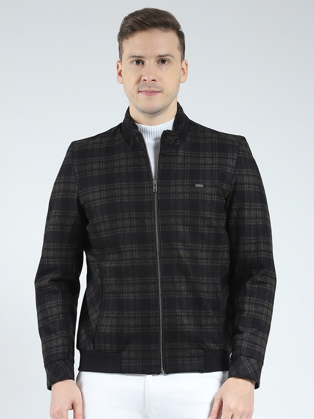 Men Brown Check Mock Neck Full Sleeve Coat