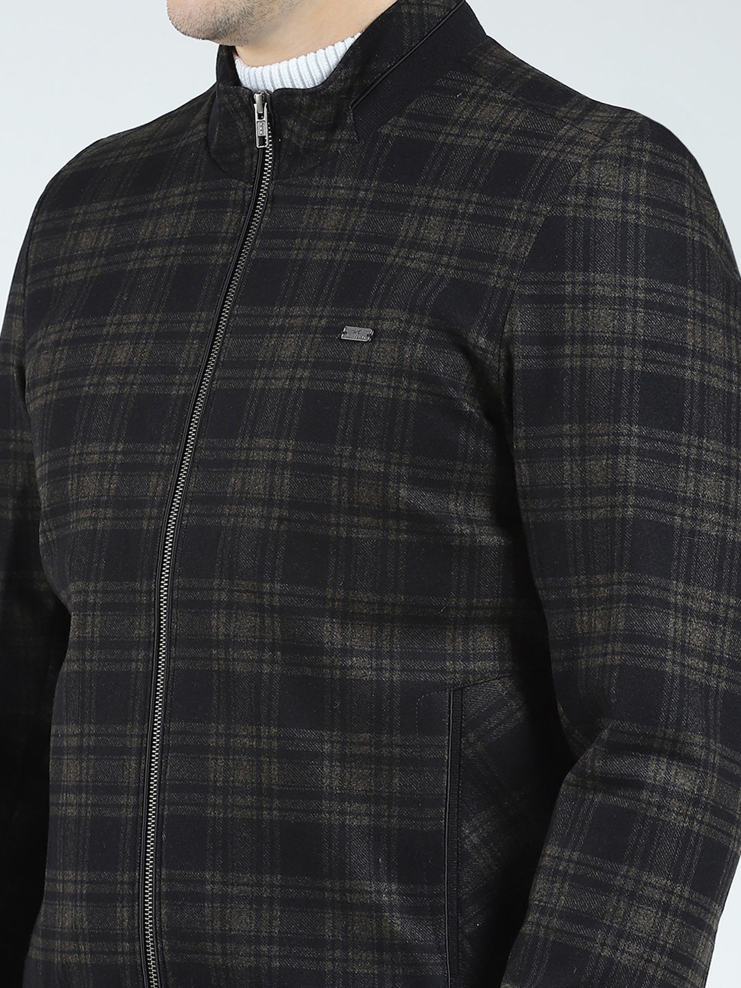 Men Brown Check Mock Neck Full Sleeve Coat