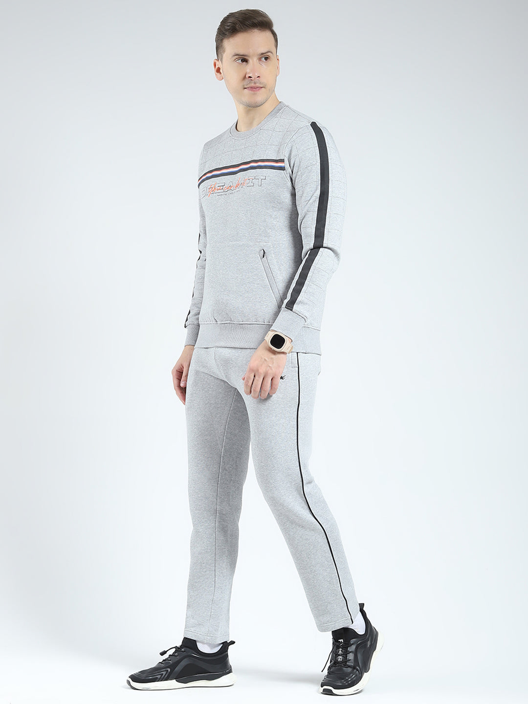 Men Grey Solid Round Neck Full Sleeve Winter Tracksuit