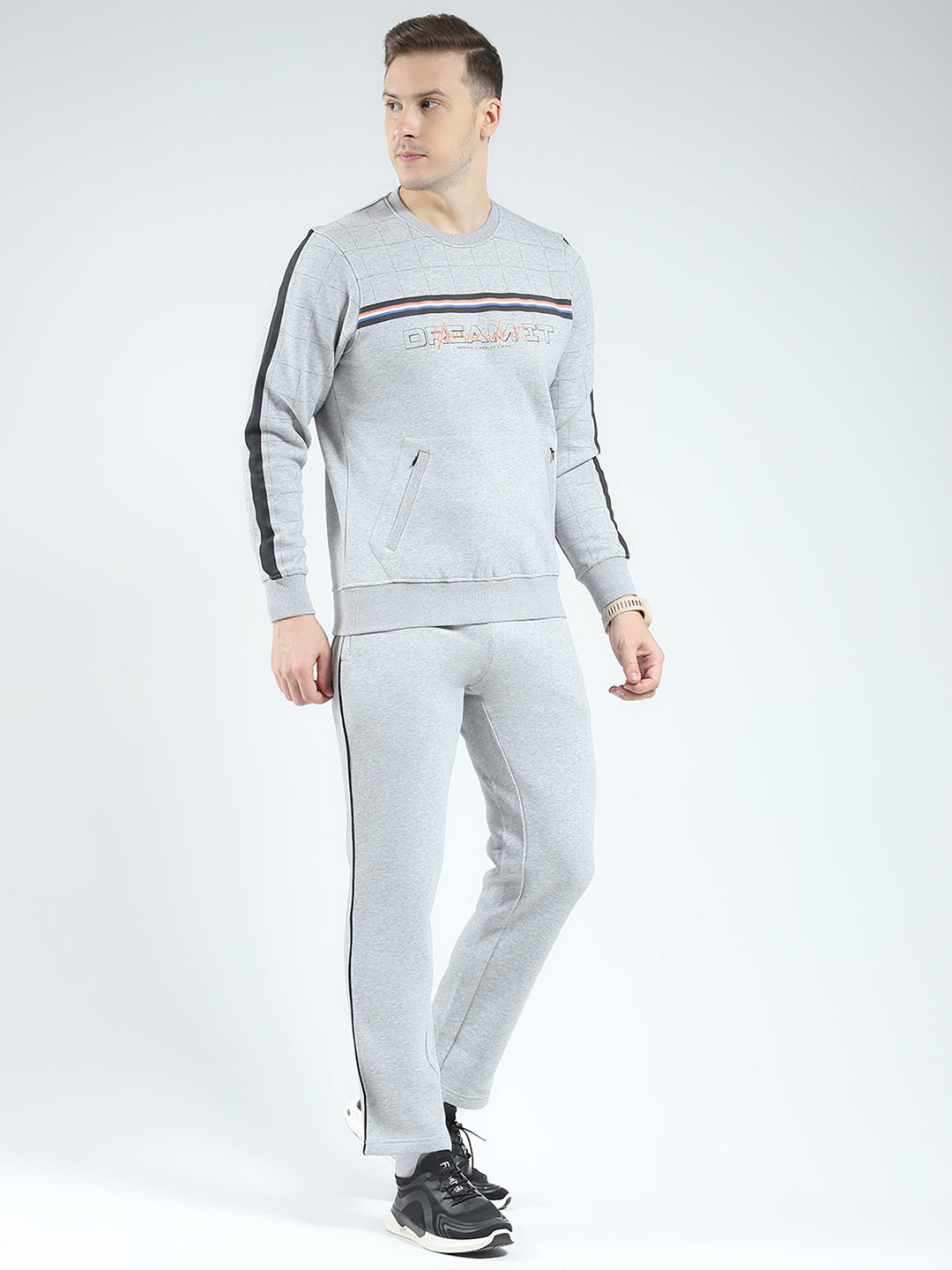 Men Grey Solid Round Neck Full Sleeve Winter Tracksuit