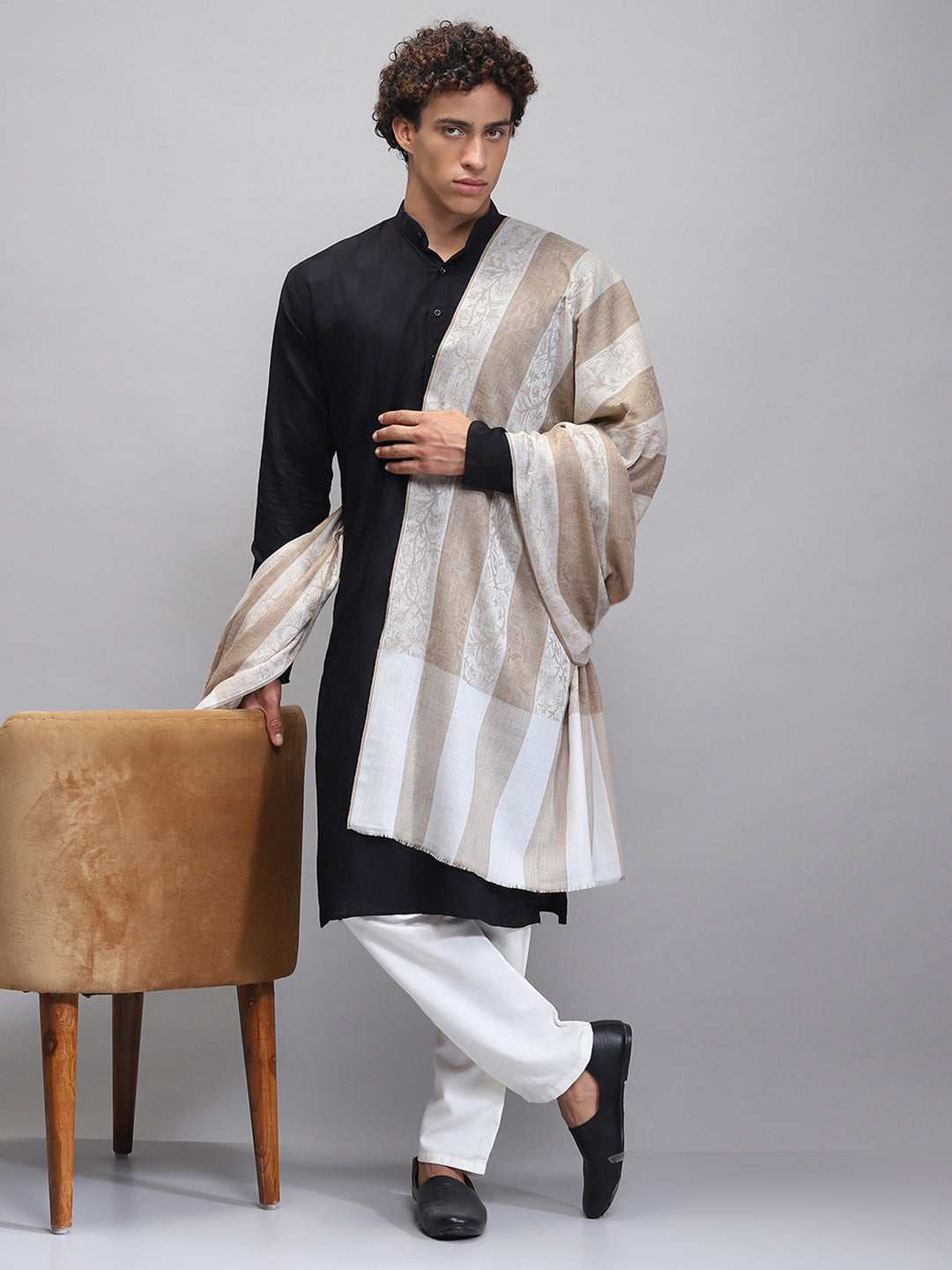 Men Beige Self Design Lohi Shawl