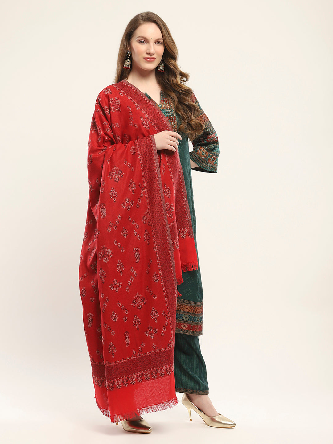 Women Red Self Design Shawl
