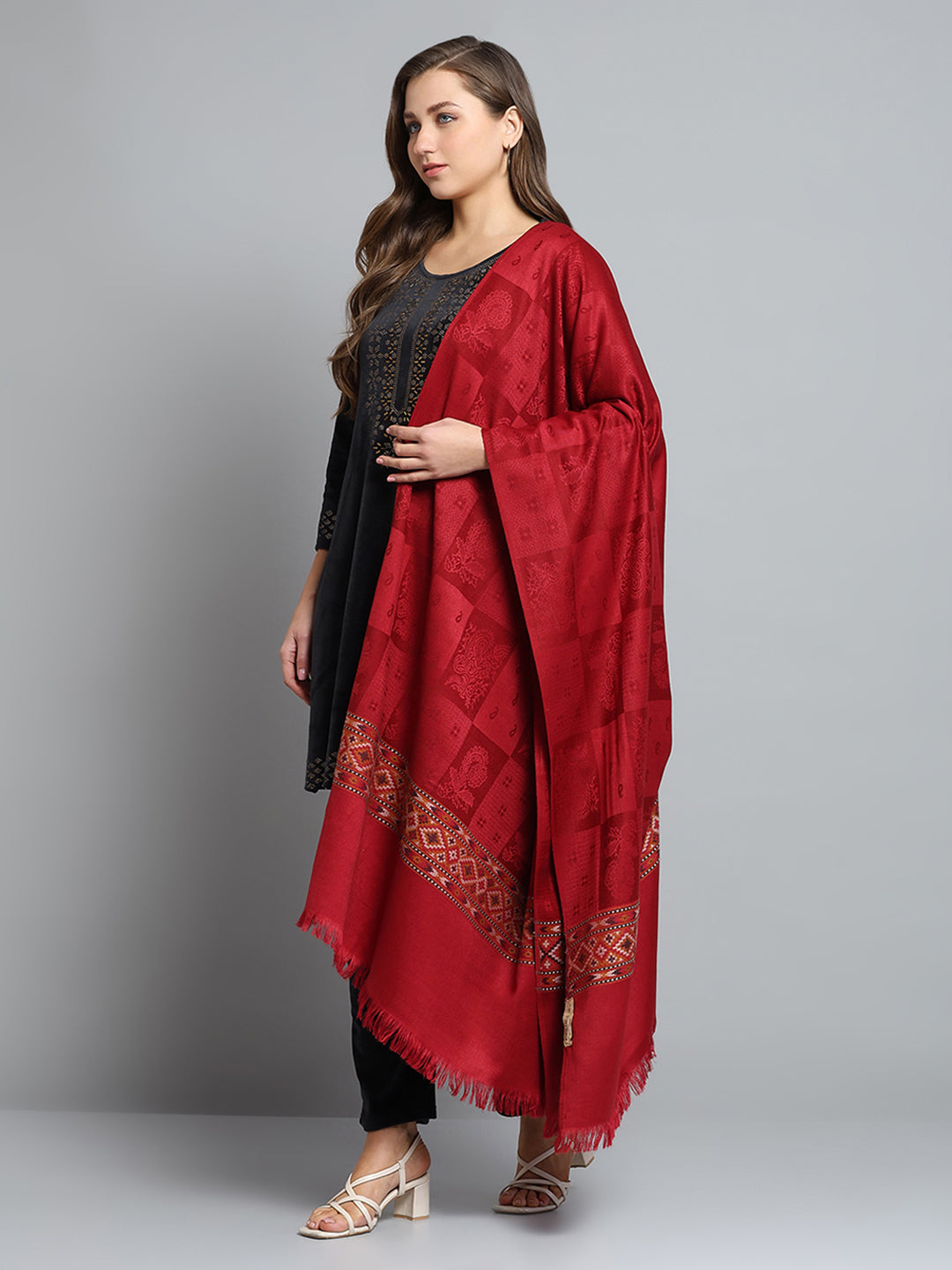 Women Maroon Self Design Shawl