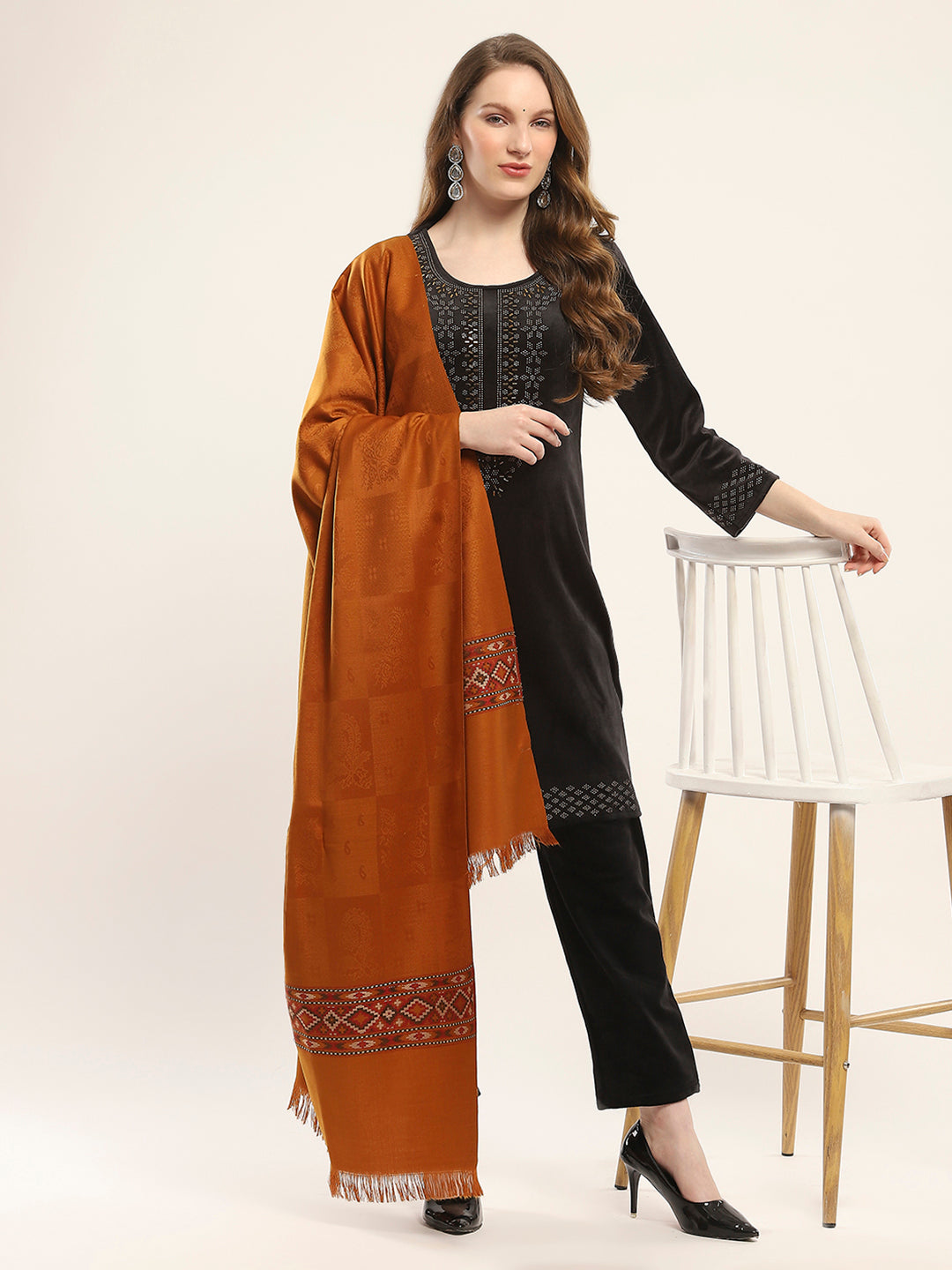 Women Mustard Self Design Shawl