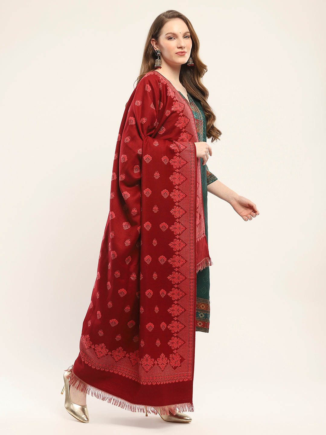 Women Maroon Self Design Shawl