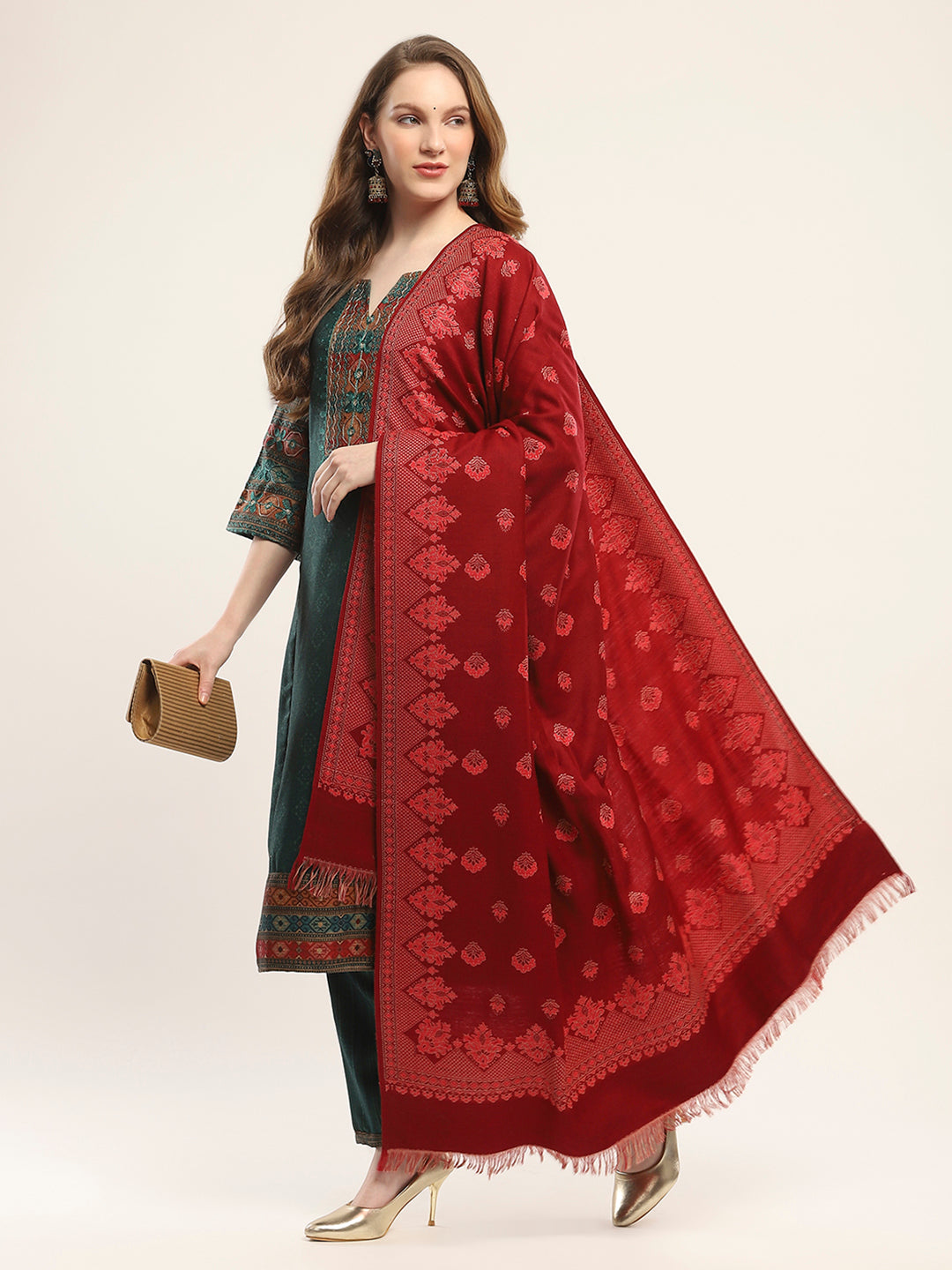 Women Maroon Self Design Shawl