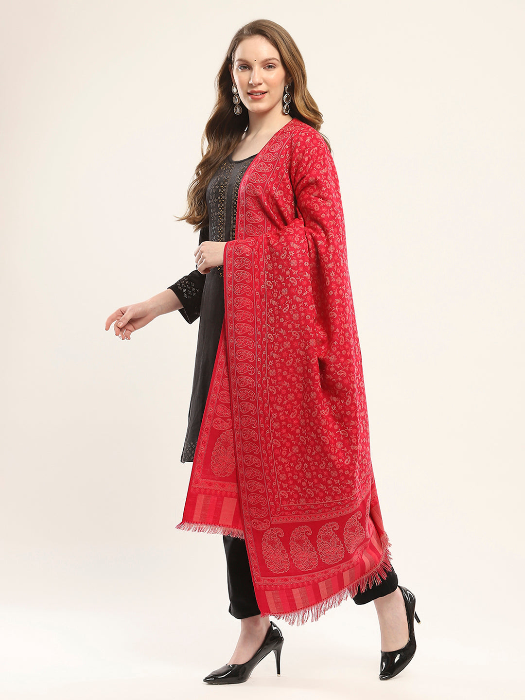 Women Red Self Design Shawl