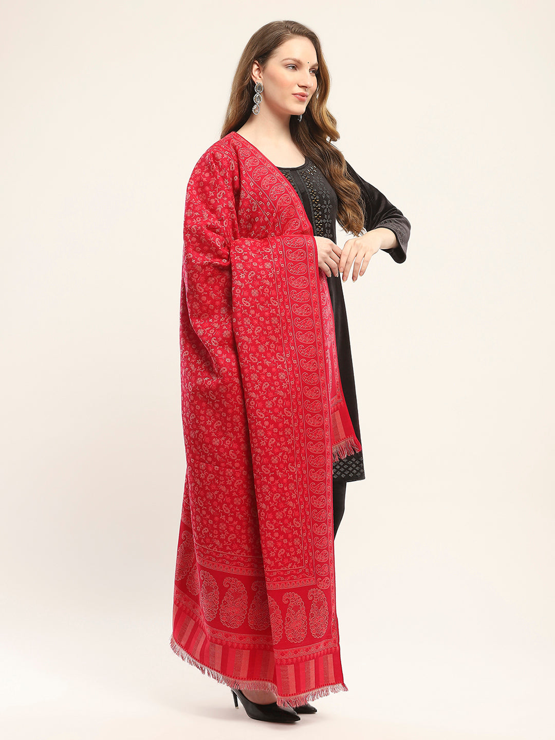 Women Red Self Design Shawl