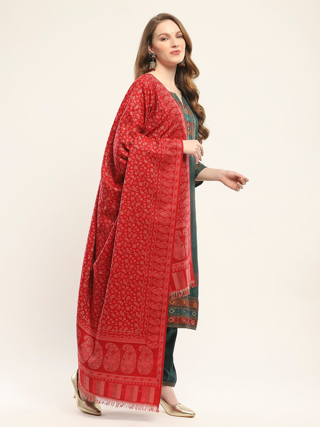 Women Red Self Design Shawl