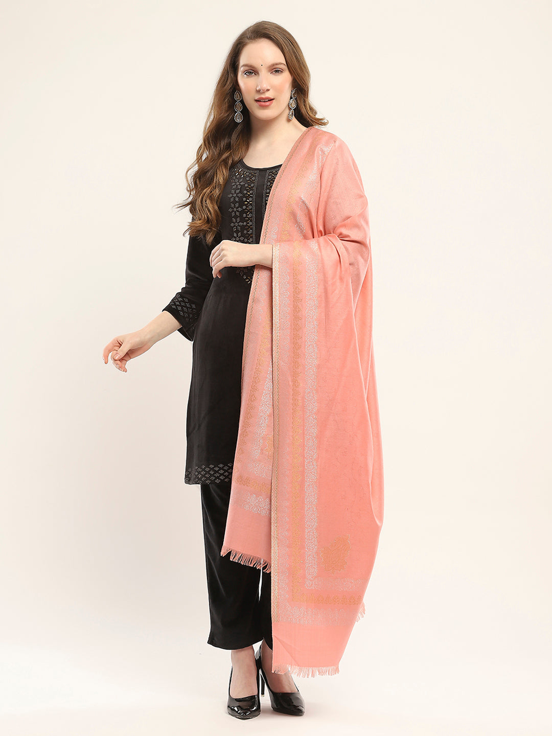 Women Peach Self Design Shawl