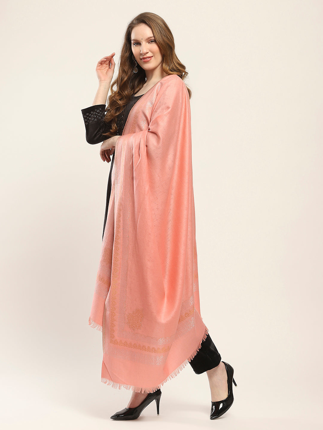 Women Peach Self Design Shawl