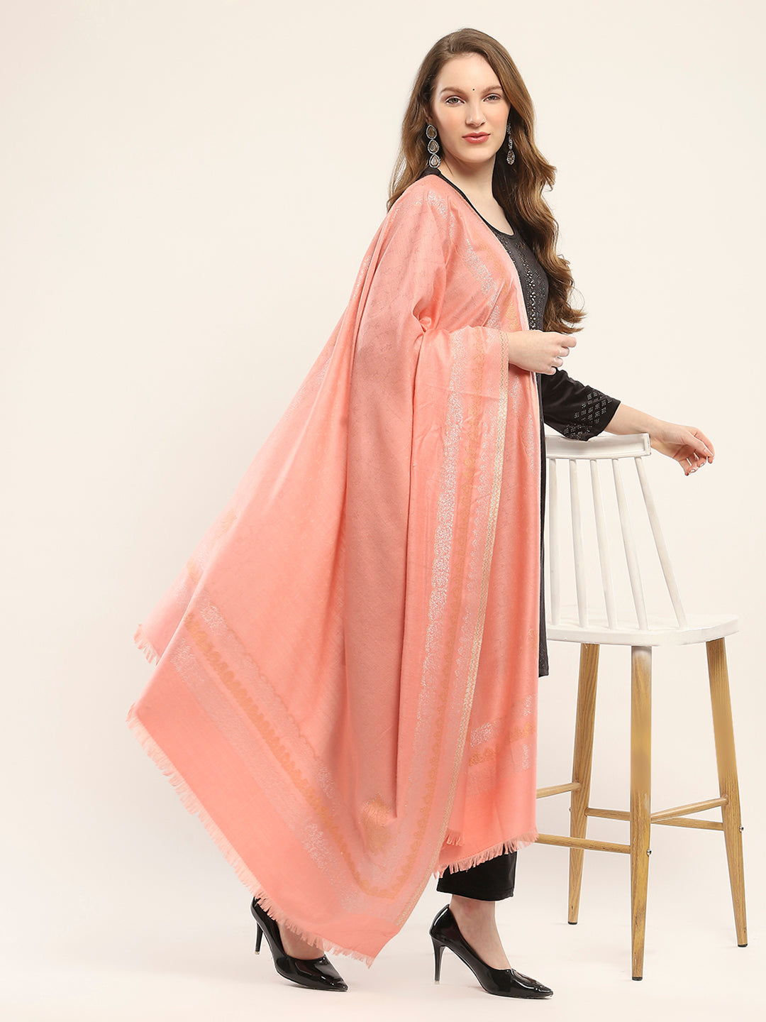 Women Peach Self Design Shawl