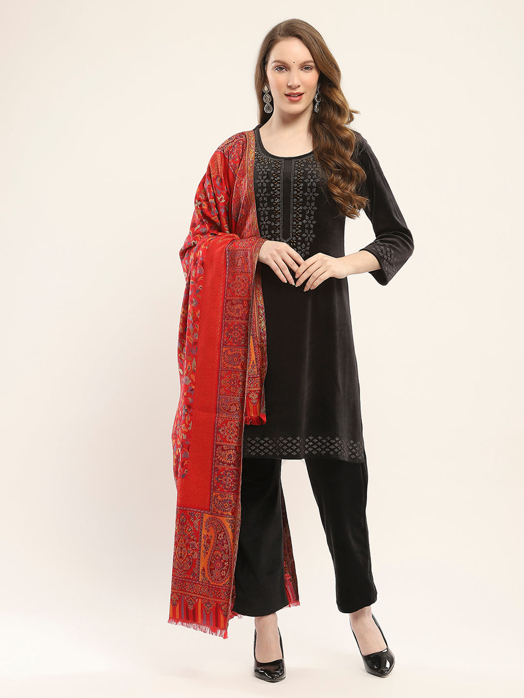 Women Red Self Design Shawl