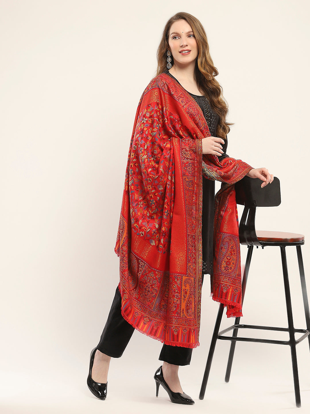 Women Red Self Design Shawl