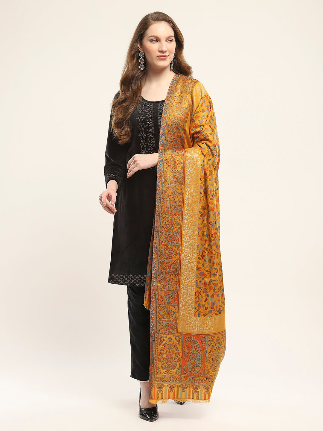 Women Mustard Self Design Shawl