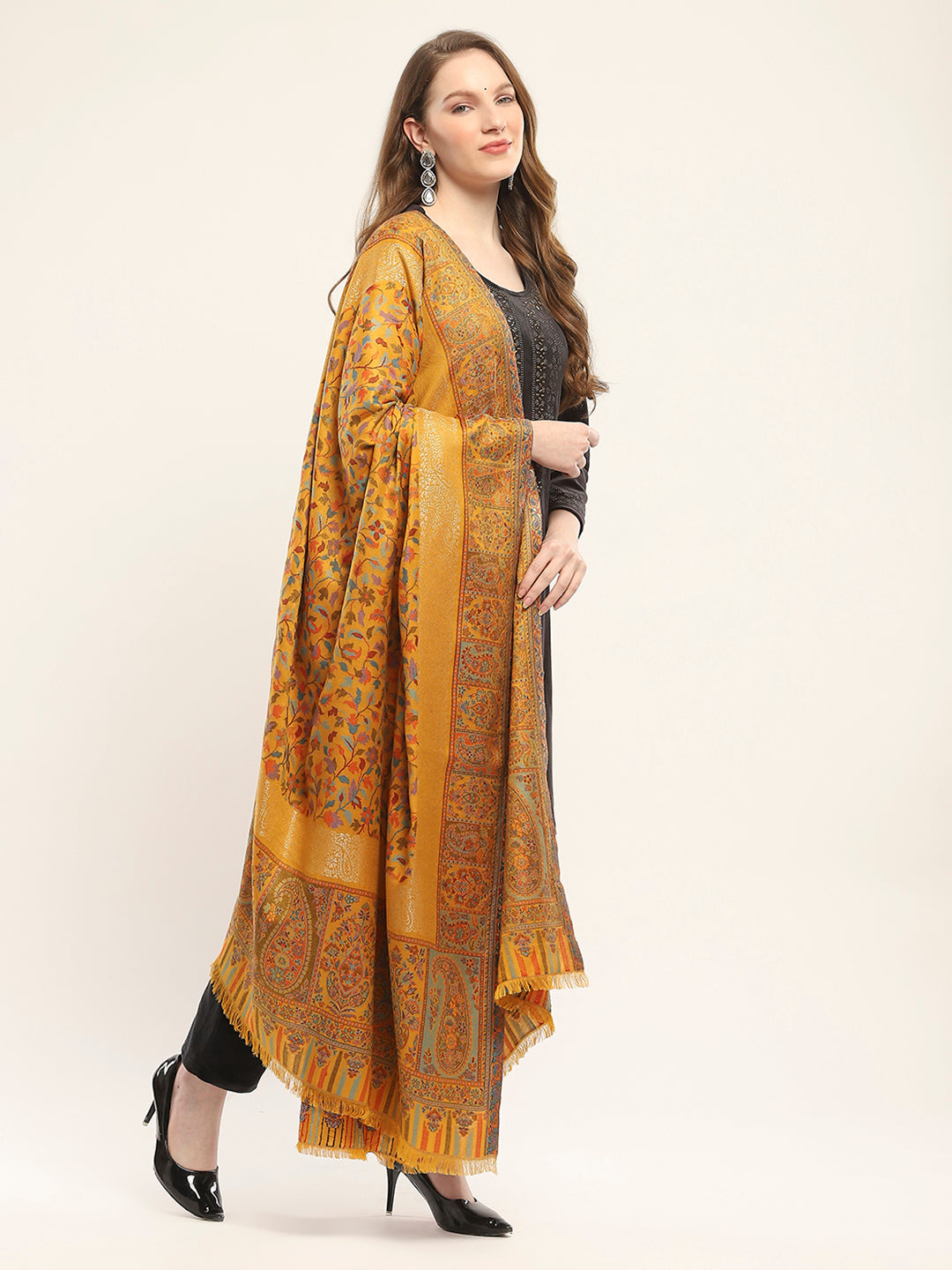 Women Mustard Self Design Shawl