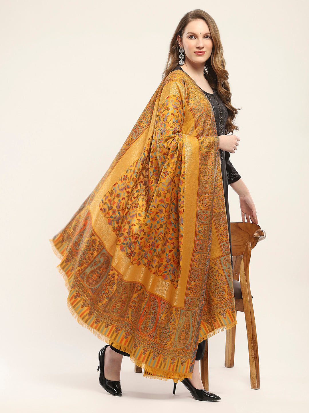 Women Mustard Self Design Shawl