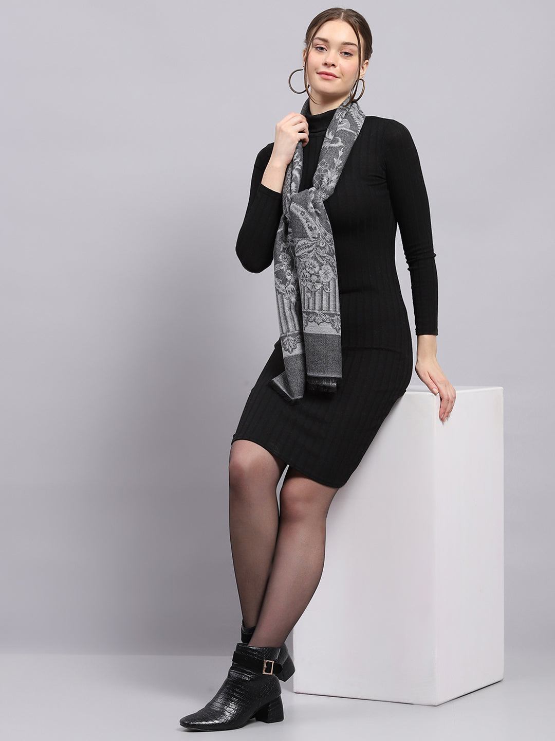 Women Grey Self Design Stole