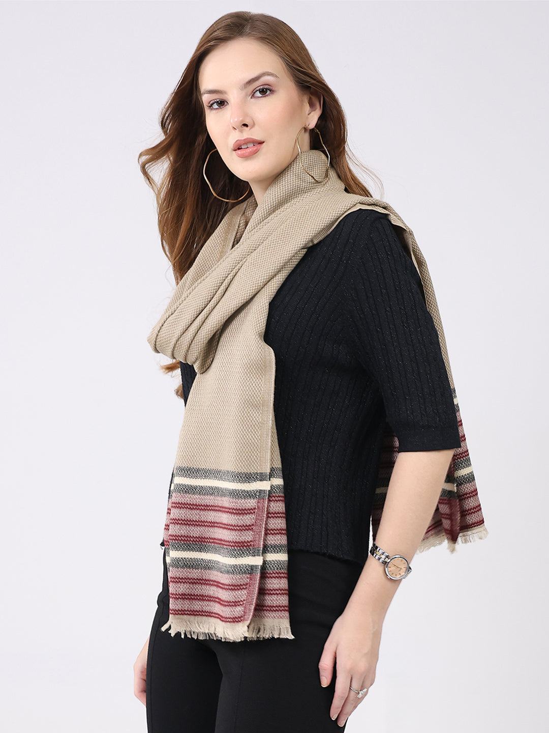 Women Beige Self Design Wool Stole