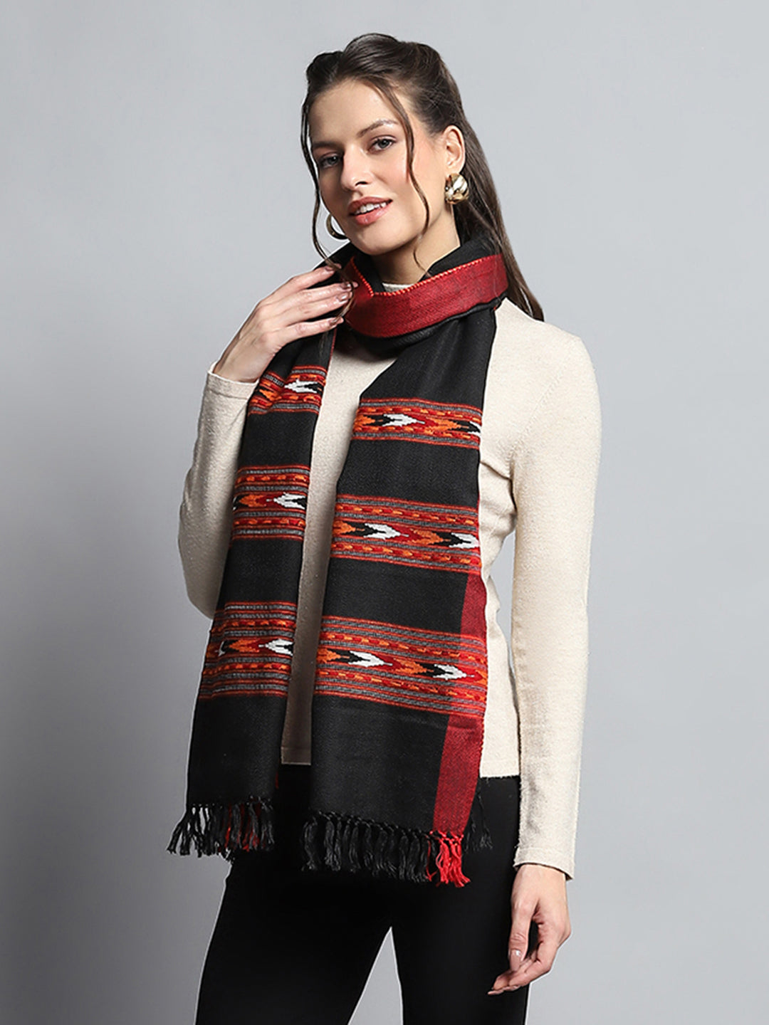 Women Black Self Design Stole