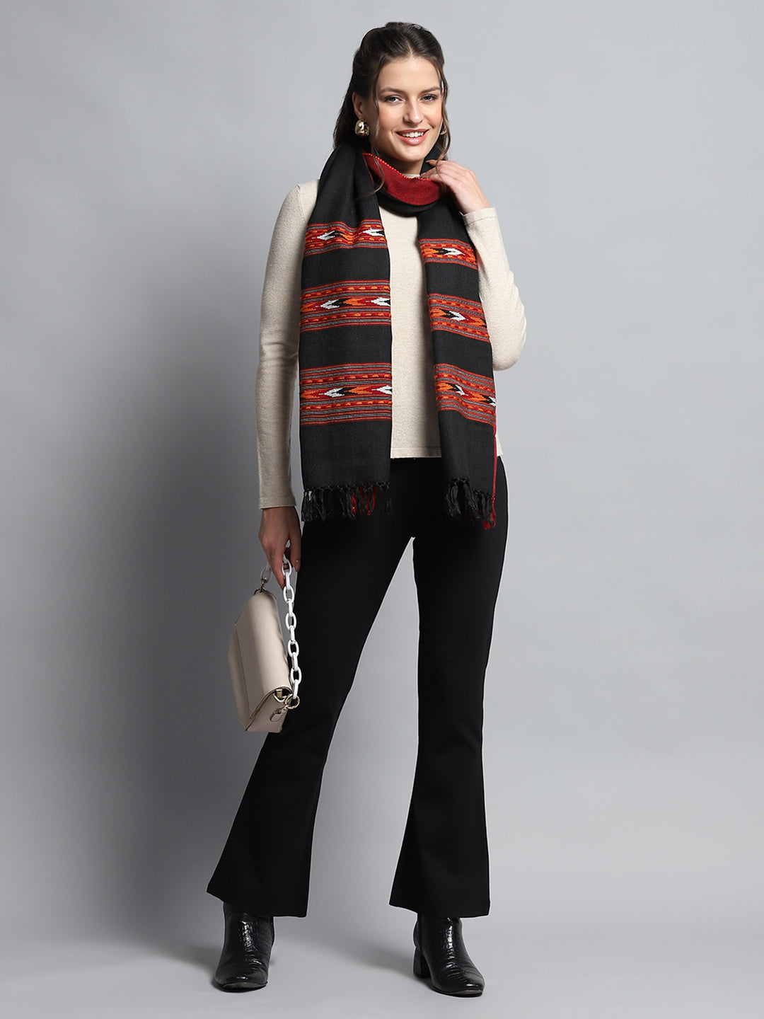 Women Black Self Design Stole