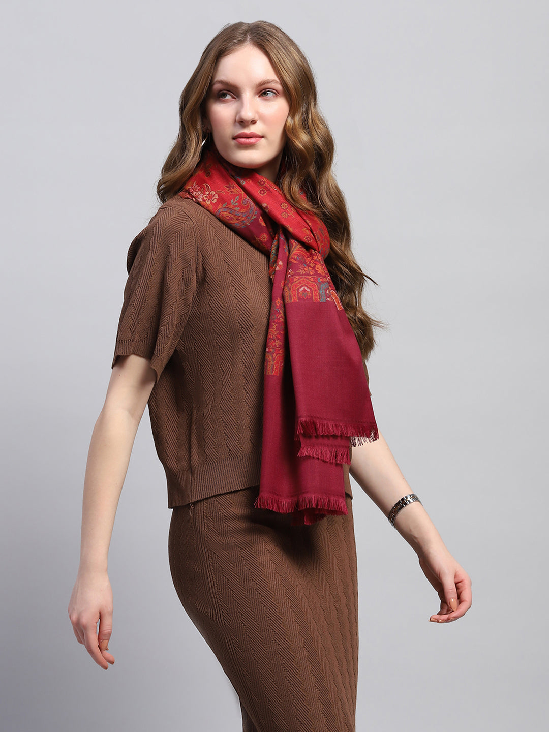 Women Maroon Self Design Stole