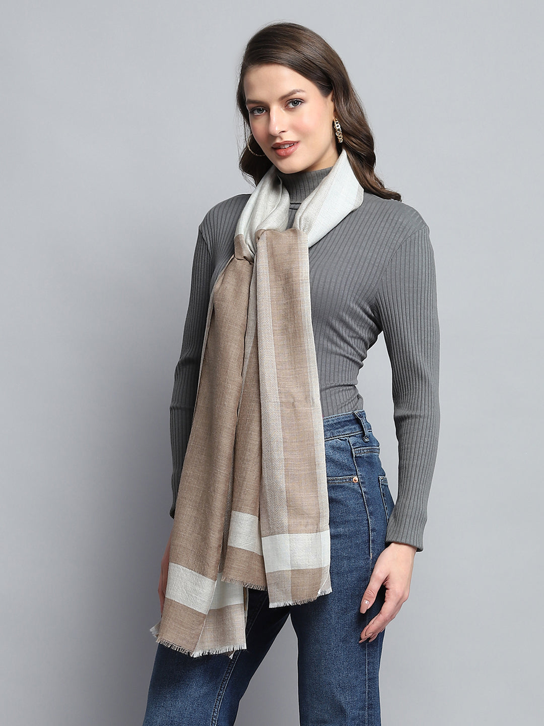 Women Beige Self Design Stole