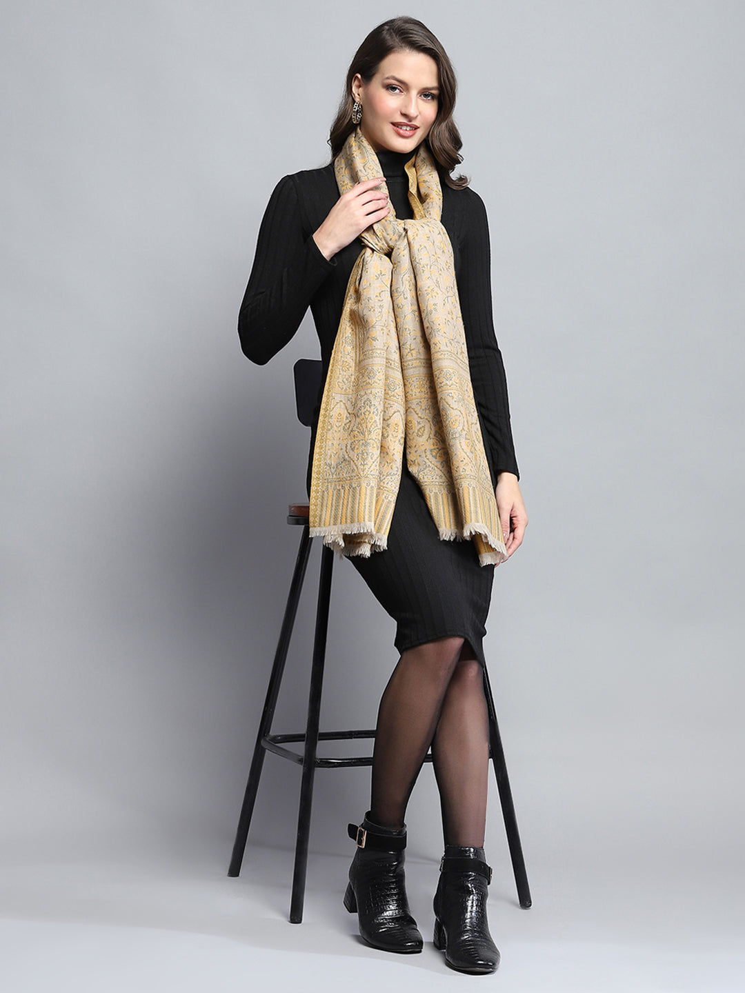 Women Mustard Self Design Stole