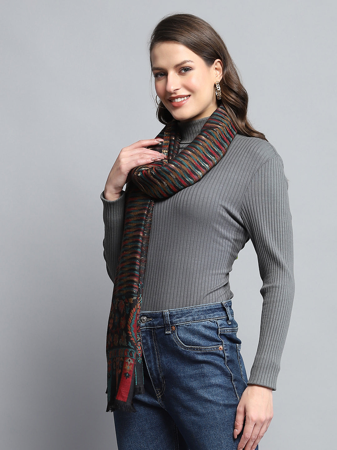 Women Black Self Design Stole