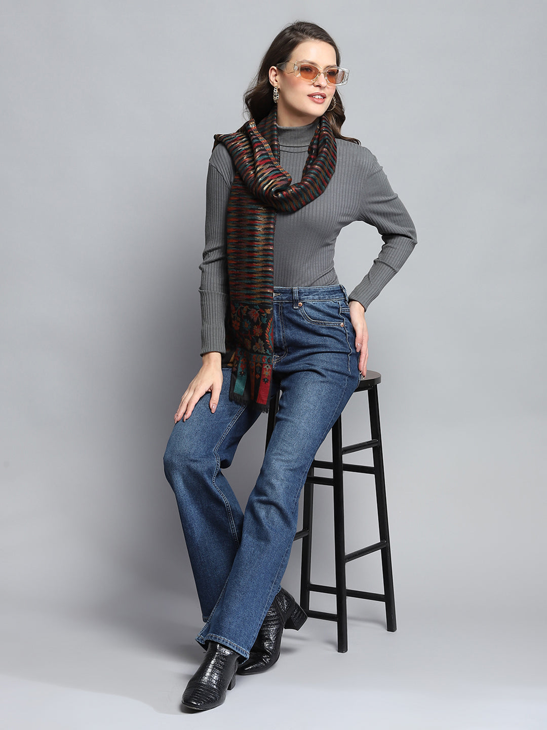 Women Black Self Design Stole