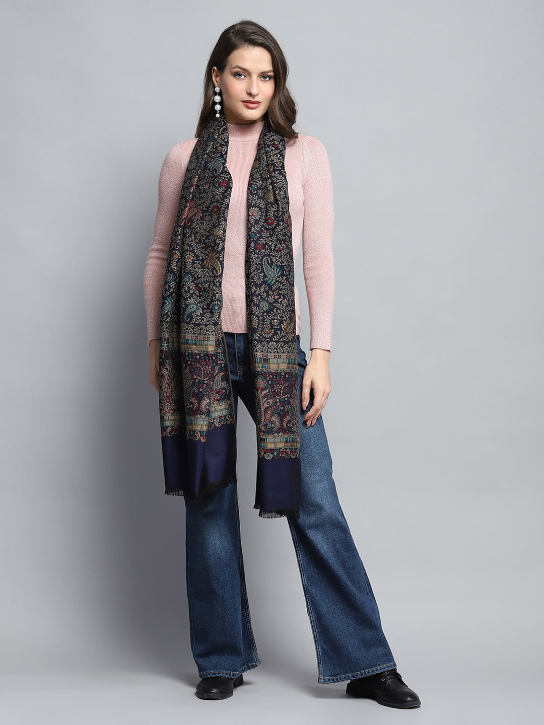 Women Black Self Design Stole