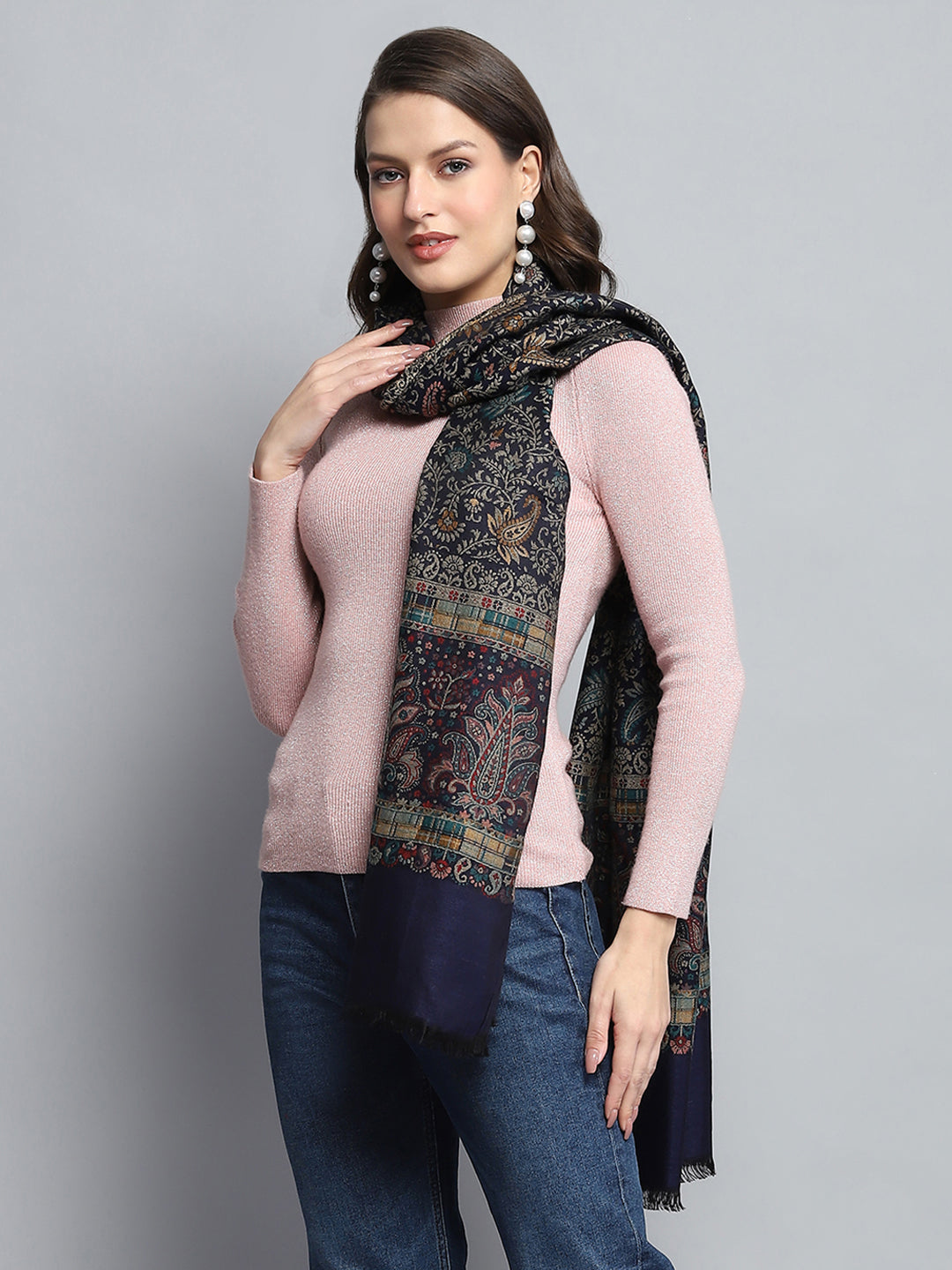 Women Black Self Design Stole