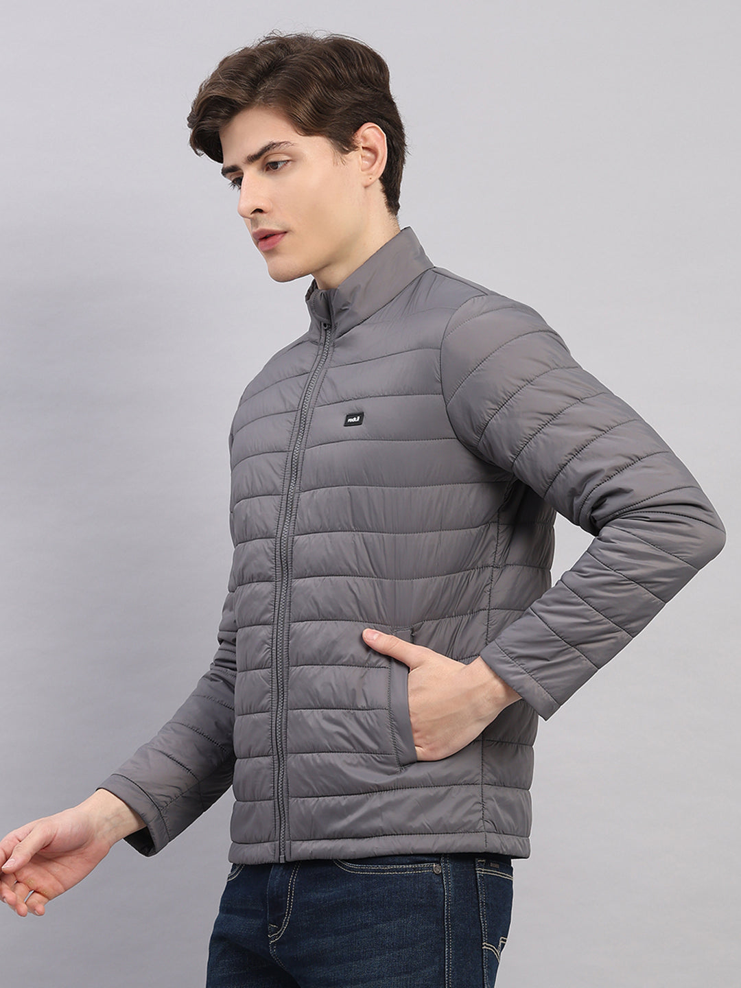 Rock.it Men Grey Solid Stand Collar Full Sleeve Jacket