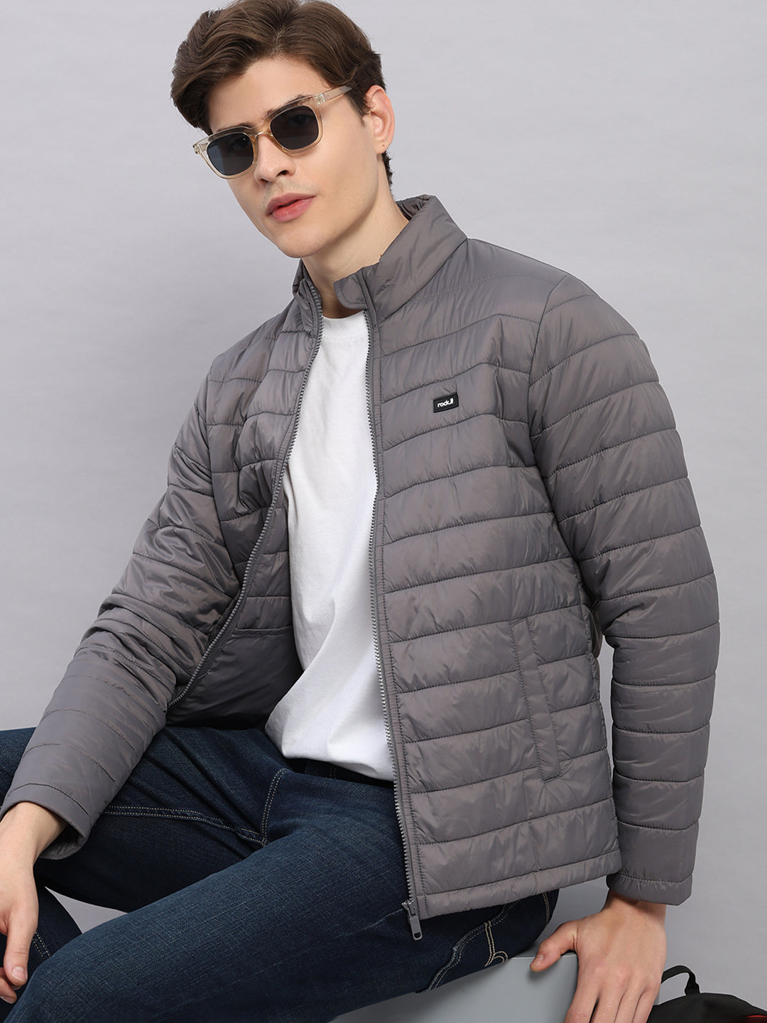 Rock.it Men Grey Solid Stand Collar Full Sleeve Jacket