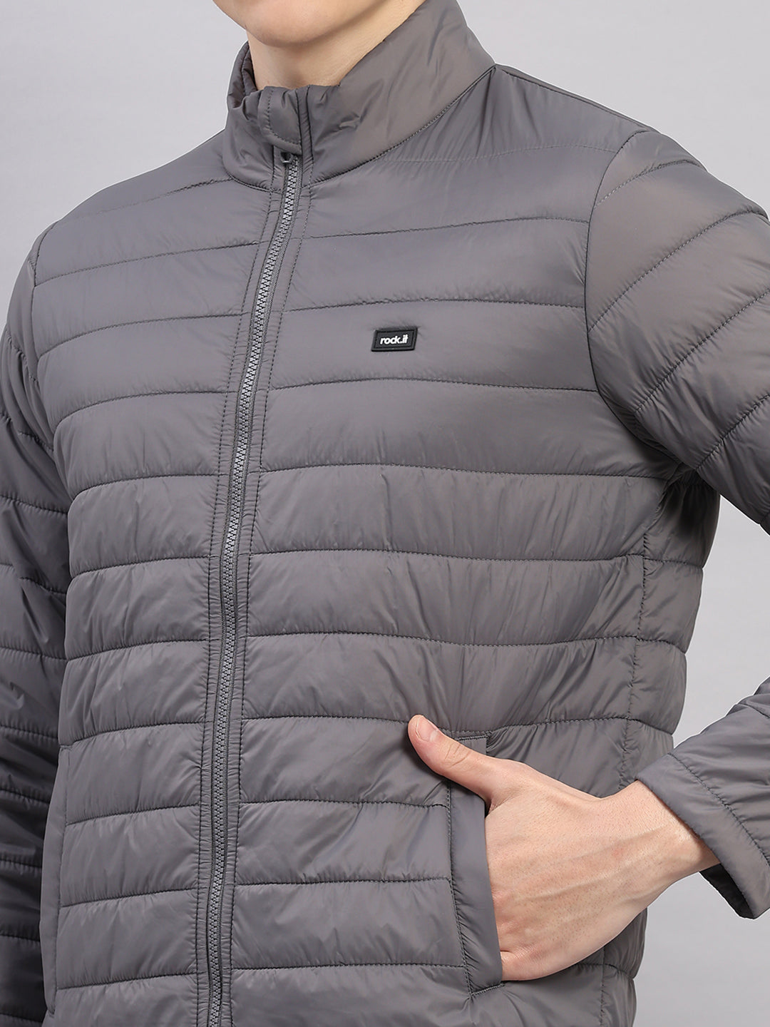 Rock.it Men Grey Solid Stand Collar Full Sleeve Jacket