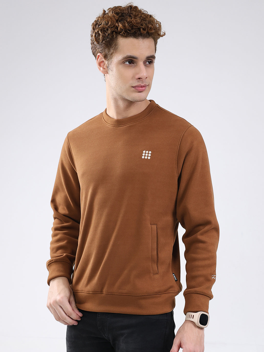 Rock.it Men Brown Solid Round Neck Full Sleeve Sweatshirt