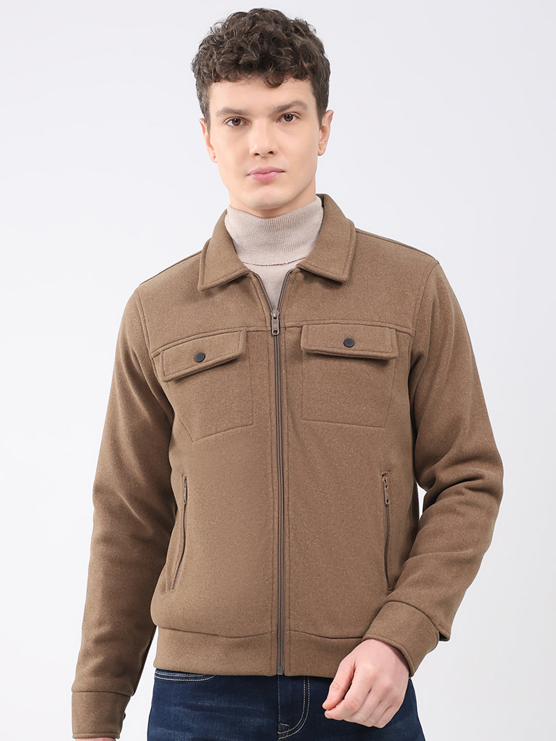 Rock.it Men Brown Solid Collar Full Sleeve Knitted Jacket