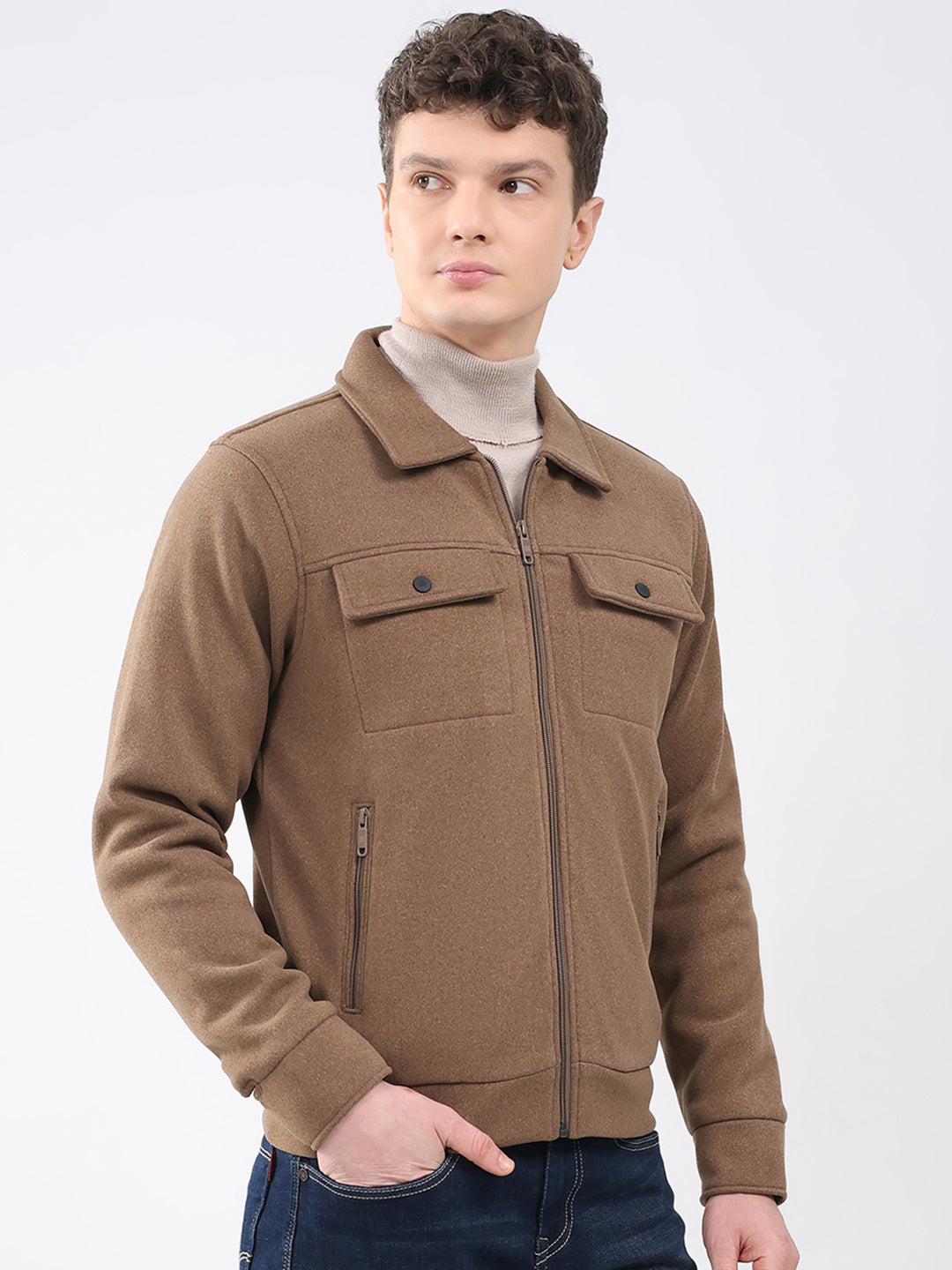 Rock.it Men Brown Solid Collar Full Sleeve Knitted Jacket