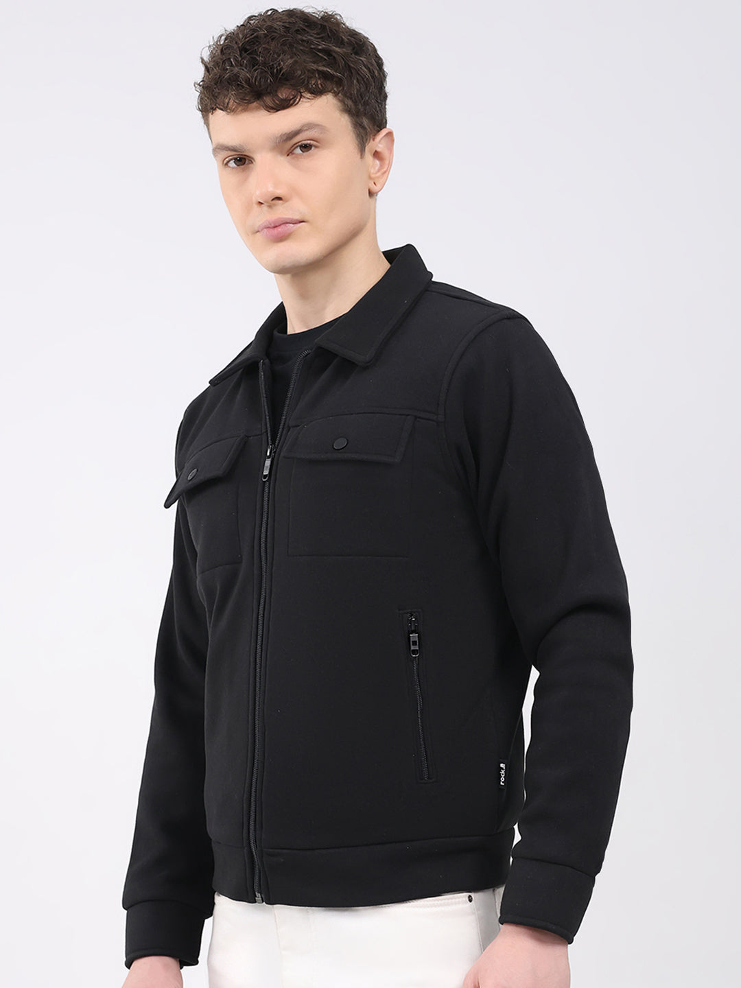 Rock.it Men Black Solid Collar Full Sleeve Knitted Jacket