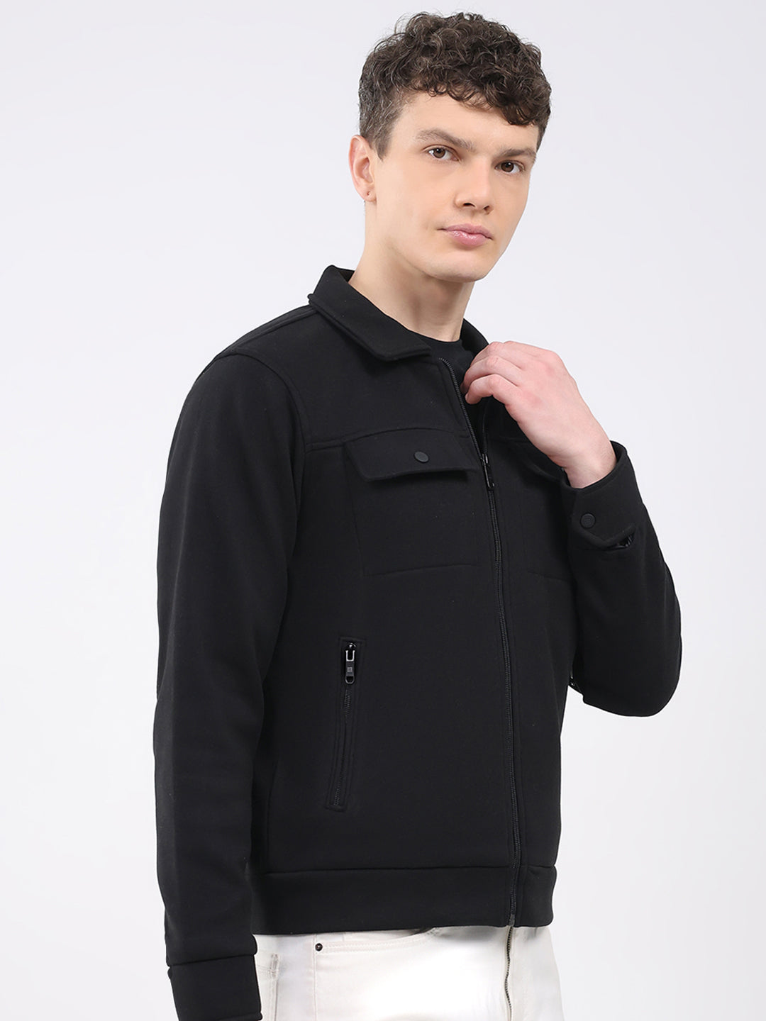 Rock.it Men Black Solid Collar Full Sleeve Knitted Jacket