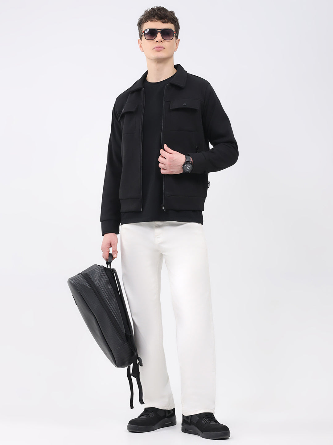 Rock.it Men Black Solid Collar Full Sleeve Knitted Jacket