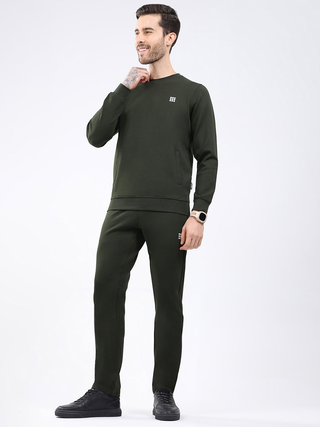 Rock.it Men Olive Solid Round Neck Full Sleeve Winter Tracksuit