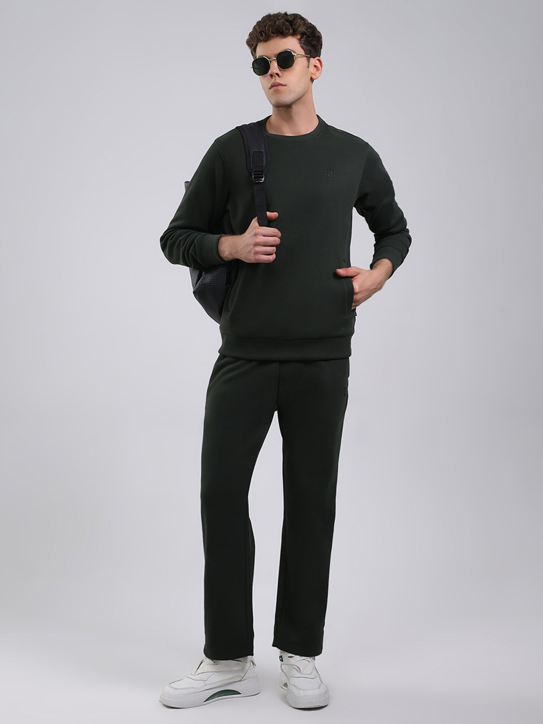Rock.it Men Olive Solid Round Neck Full Sleeve Winter Tracksuit