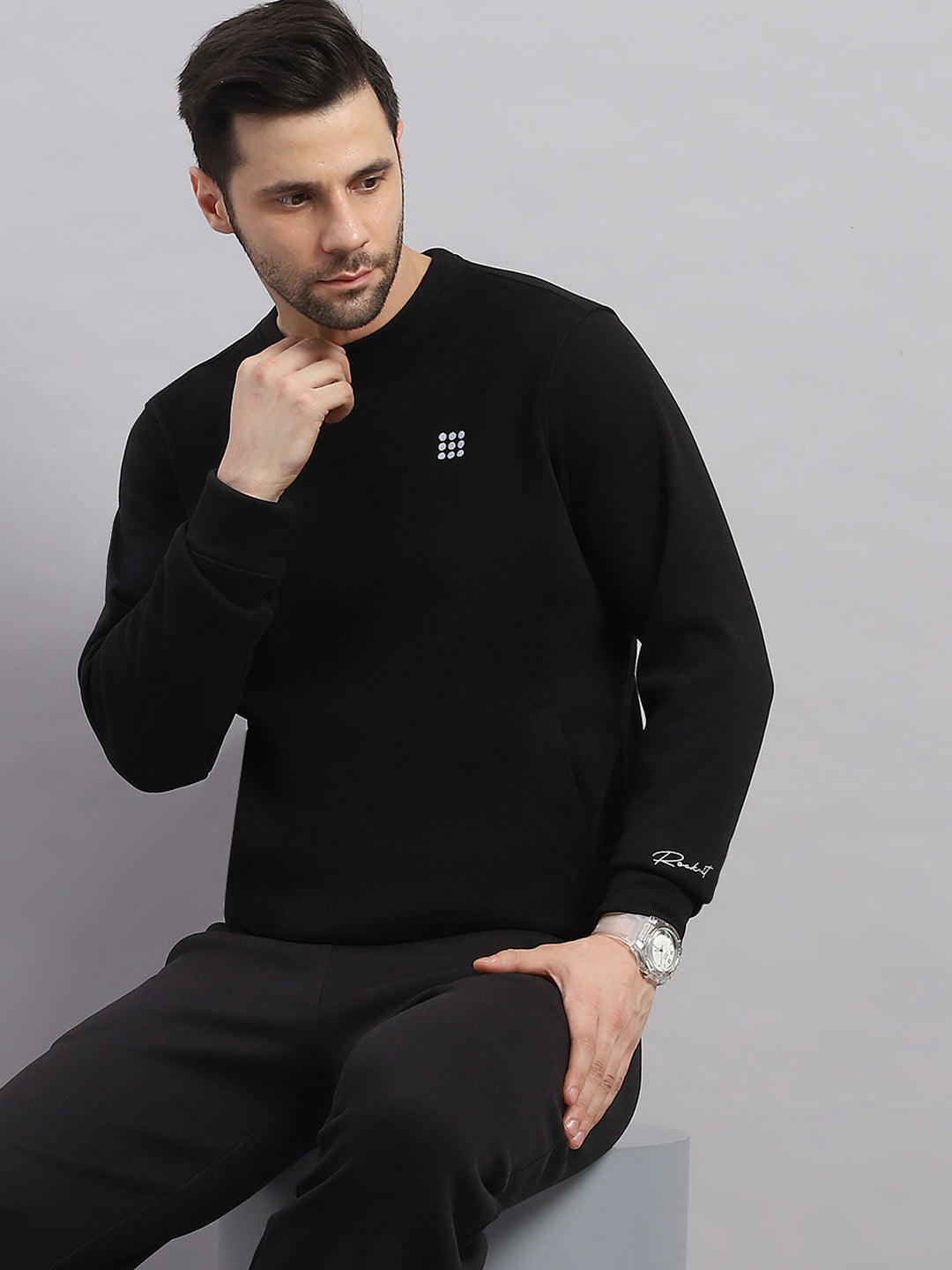 Rock.it Men Black Solid Round Neck Full Sleeve Winter Tracksuit