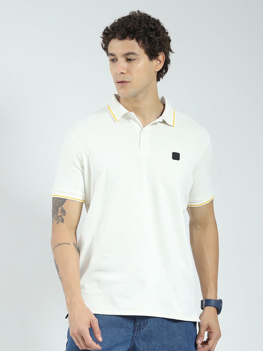 Rock.it Men Off White Solid Collar Half Sleeve T-Shirt