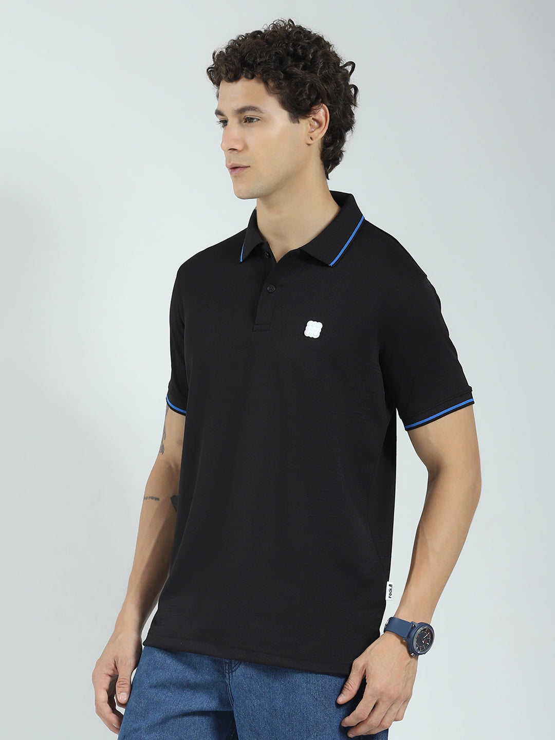 Rock.it Men Black Solid Collar Half Sleeve T-Shirt